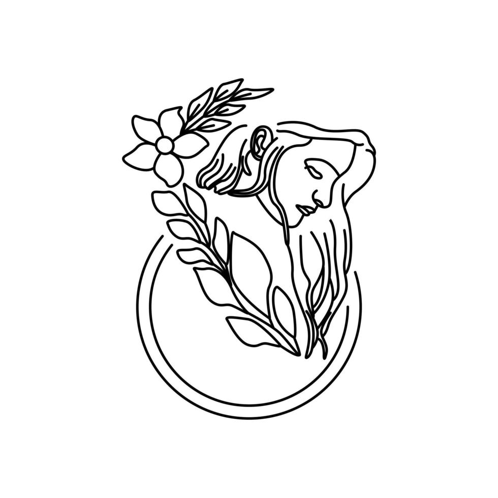 simples linha arte deco fêmea decorado de folhas vetor ilustração. beleza mulher elegante mão desenhado Primavera floral Preto ícone isolado em branco