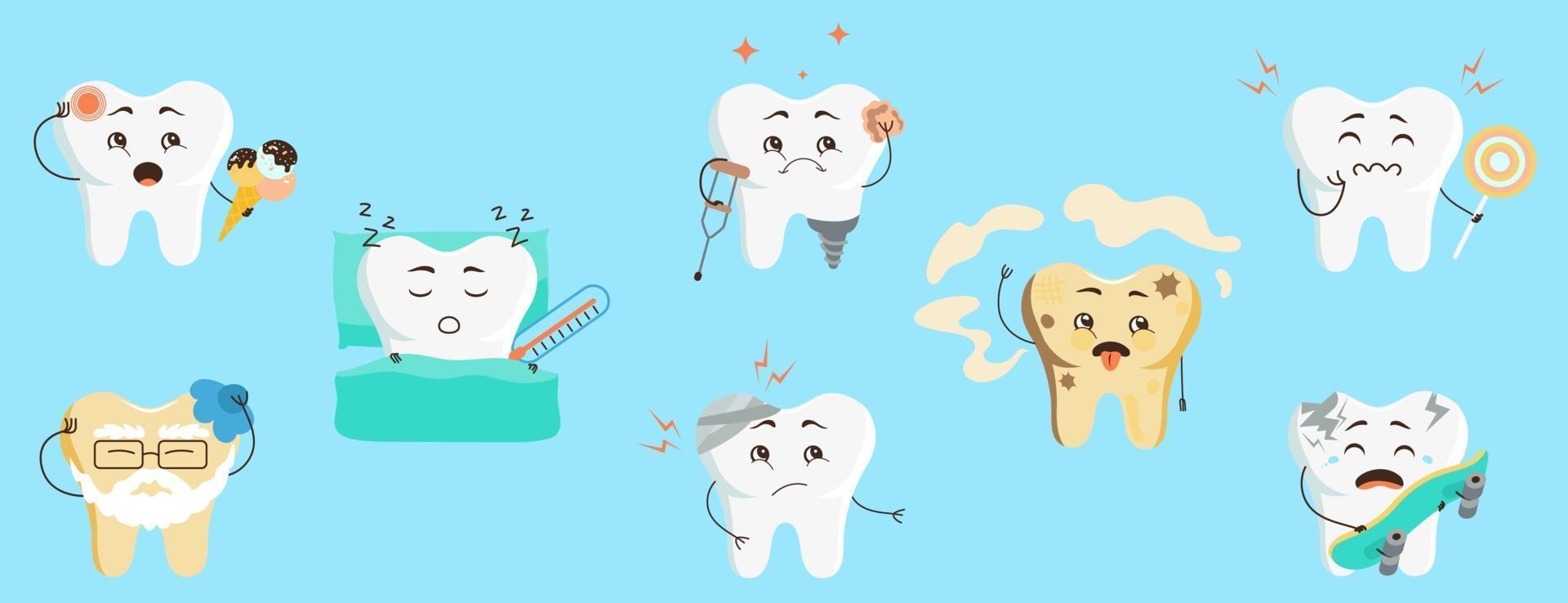 personagens de dente bonito em estilo simples. conjunto de dentes doentes de desenhos animados com cárie, dor de doces, hipersensibilidade. ilustração vetorial para crianças em odontologia vetor