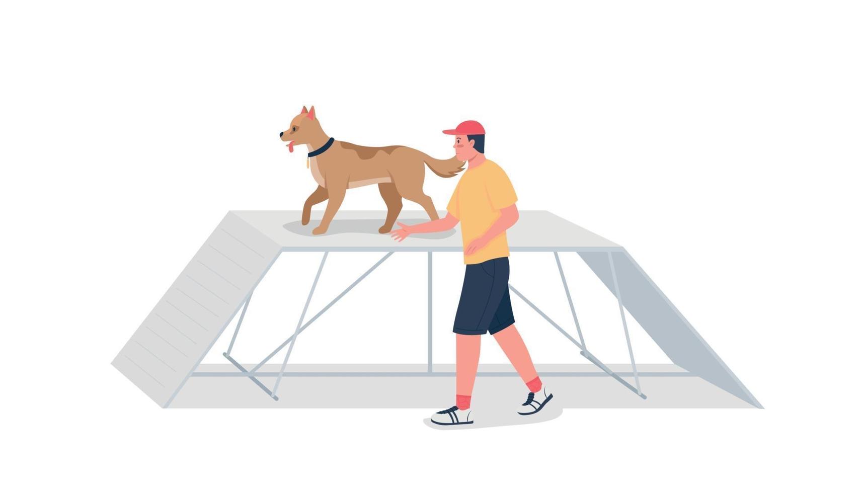 homem treinando cão em pista de obstáculos cor plana vetor detalhado personagem