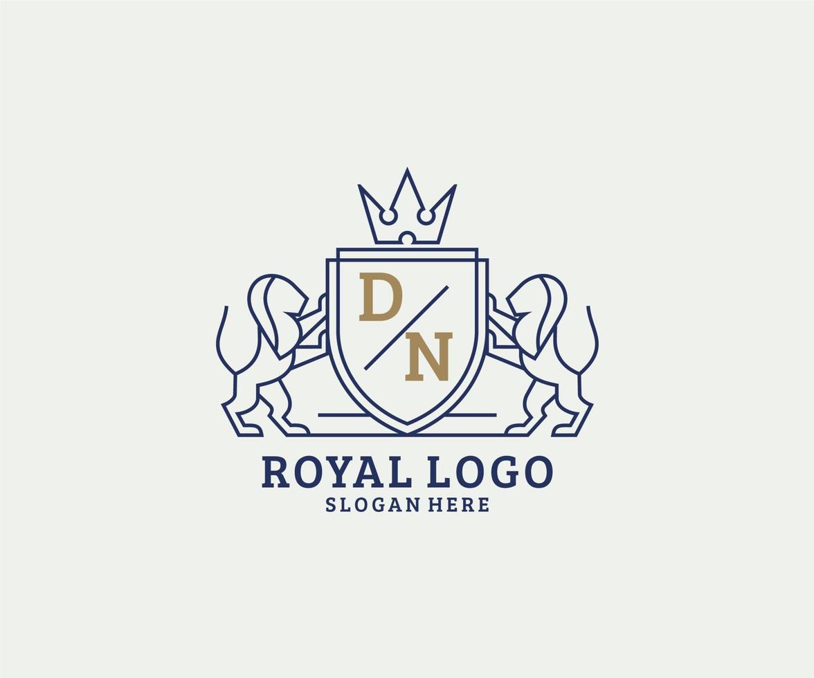 modelo de logotipo de luxo real de leão de letra dn inicial em arte vetorial para restaurante, realeza, boutique, café, hotel, heráldica, joias, moda e outras ilustrações vetoriais. vetor