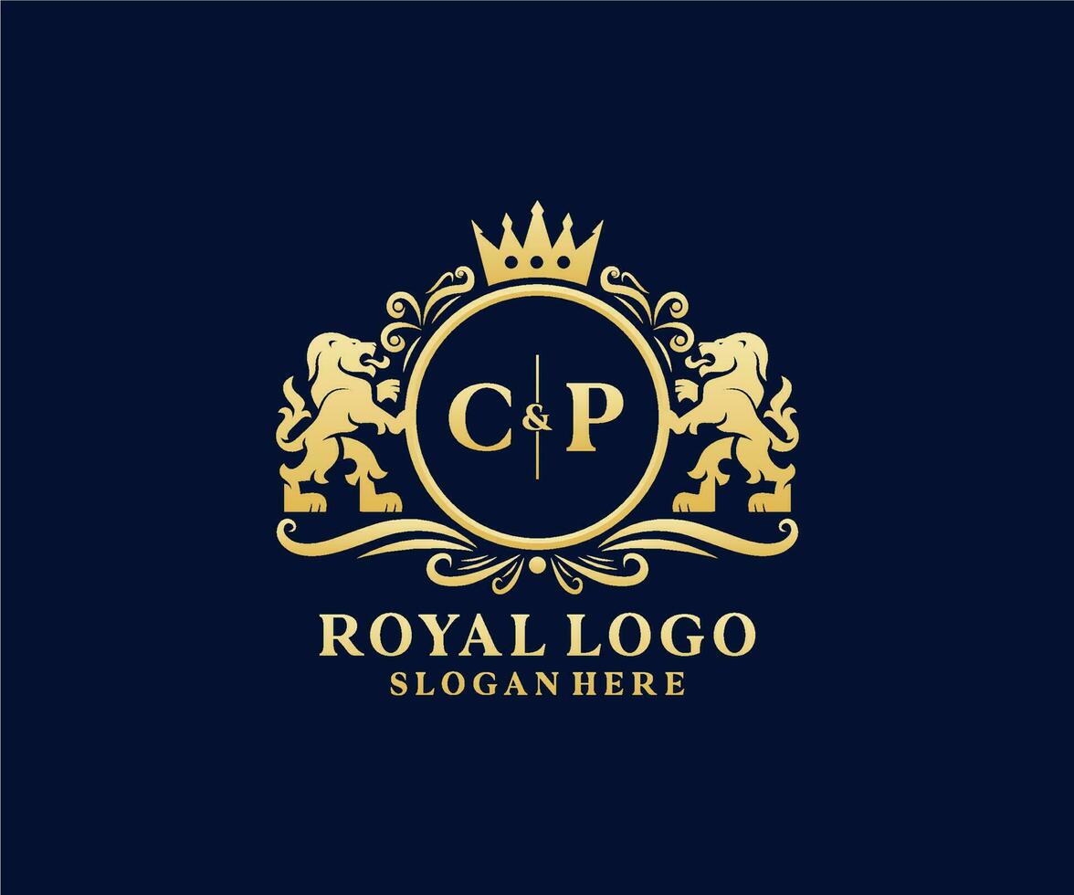 modelo de logotipo de luxo real de leão de carta inicial cp em arte vetorial para restaurante, realeza, boutique, café, hotel, heráldica, joias, moda e outras ilustrações vetoriais. vetor