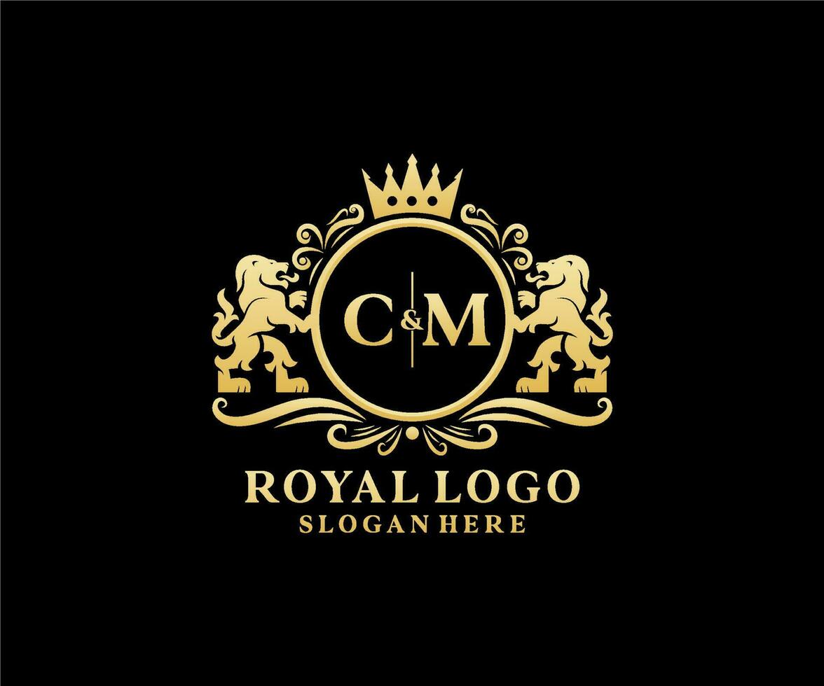 modelo de logotipo de luxo real de leão de letra cm inicial em arte vetorial para restaurante, realeza, boutique, café, hotel, heráldica, joias, moda e outras ilustrações vetoriais. vetor