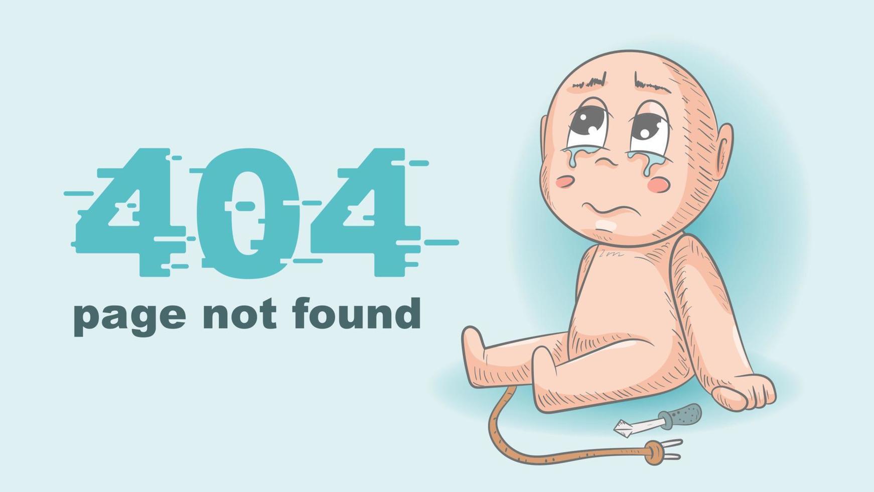 erro 404 página não encontrado ilustração do uma pequeno chibi quem senta Próximo para uma Chave de fenda e uma quebrado fio para a Projeto vetor