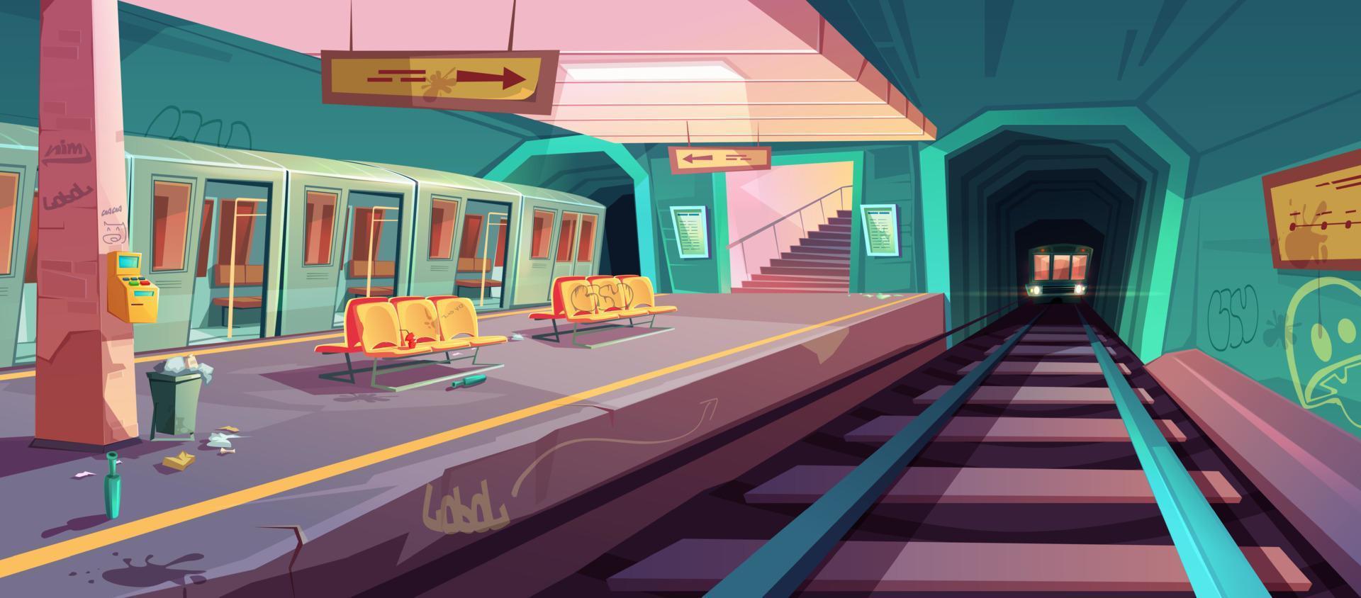 esvaziar bagunçado metrô plataforma com A chegar trens vetor