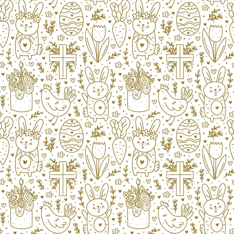 feliz Páscoa feriado doodle linha arte. design dourado. coelho, coelho, cruz cristã, bolo, galinha, ovo, galinha, flor, cenoura. padrão sem emenda, textura, plano de fundo. papel de embalagem. vetor