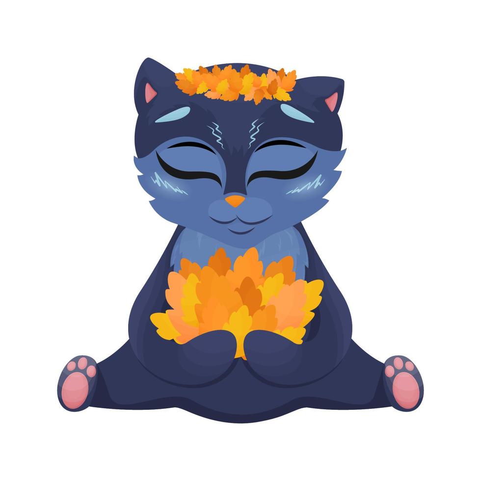 engraçado Preto gato, ilustração. Preto gato com outono guirlanda em cabeça e folhas dentro patas, dia das Bruxas clipart, outono ilustração, vetor