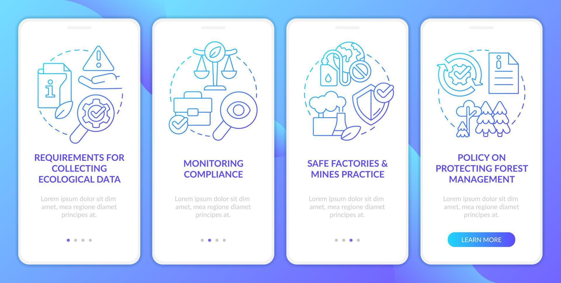 rigoroso ecológico democracia leis azul gradiente onboarding Móvel aplicativo tela. passo a passo 4 passos gráfico instruções com linear conceitos. interface do usuário, ux, gui modelo vetor