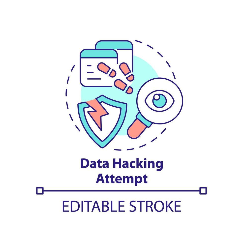 dados hacking tentativa conceito ícone. em formação violação. identificar ataques cibernéticos abstrato idéia fino linha ilustração. isolado esboço desenho. editável acidente vascular encefálico vetor