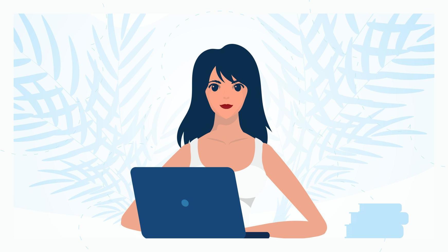 mulher com computador portátil conceito do trabalhar, Educação e compras. vetor ilustração dentro uma plano estilo.