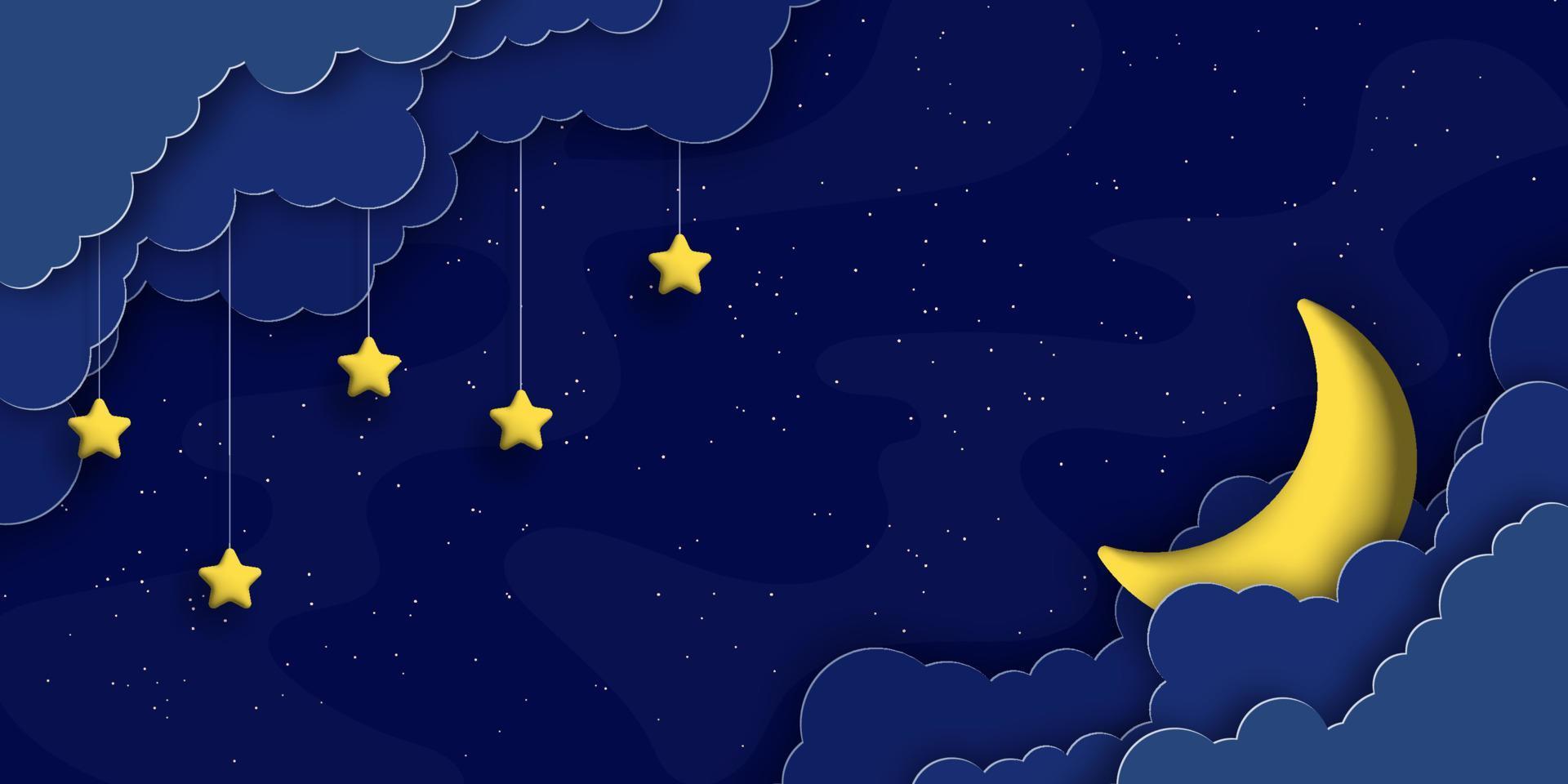 fofo papel nuvens, 3d lua e estrelas em noite céu fundo. vetor