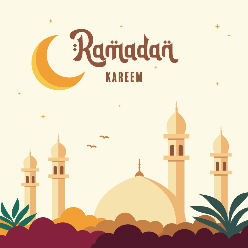 vetor ilustração para celebração do piedosos mês do Ramadã kareem. plano Projeto do mesquita, crescente lua, minarete do mesquita