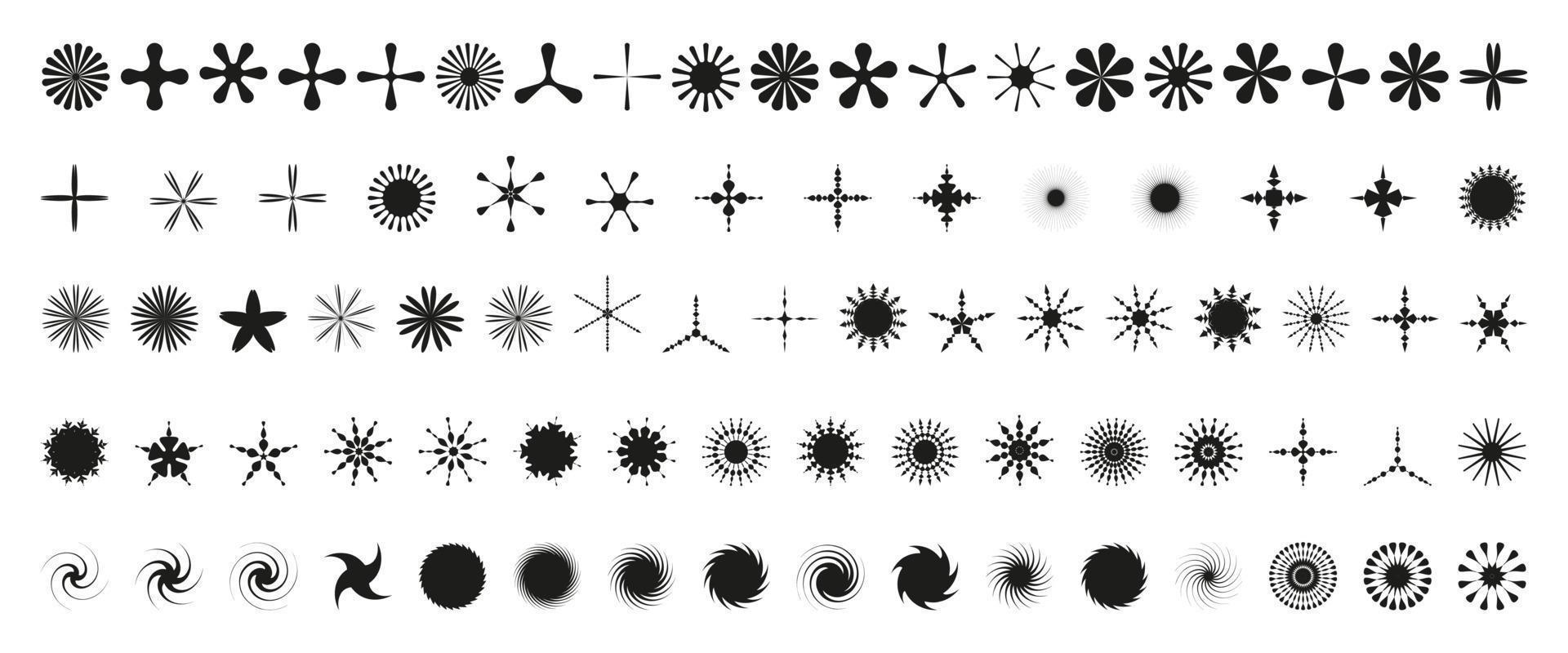 simples minimalista Preto elementos, abstrato brutalista geométrico formas. básico Formato ano 2000 figura estrela, flor, grão, cristal, redemoinho. suíço primitivo elemento definir. mínimo estético pós-moderno vetor. vetor