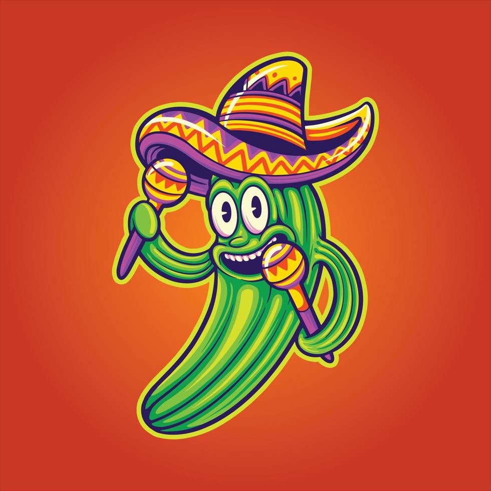 engraçado cacto mexicano sombrero chapéu maracás logotipo desenho animado ilustrações vetor