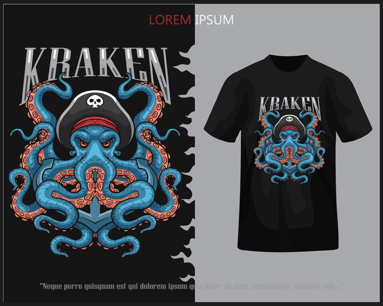 polvo kraken piratas mascote isolado em Preto camiseta vetor