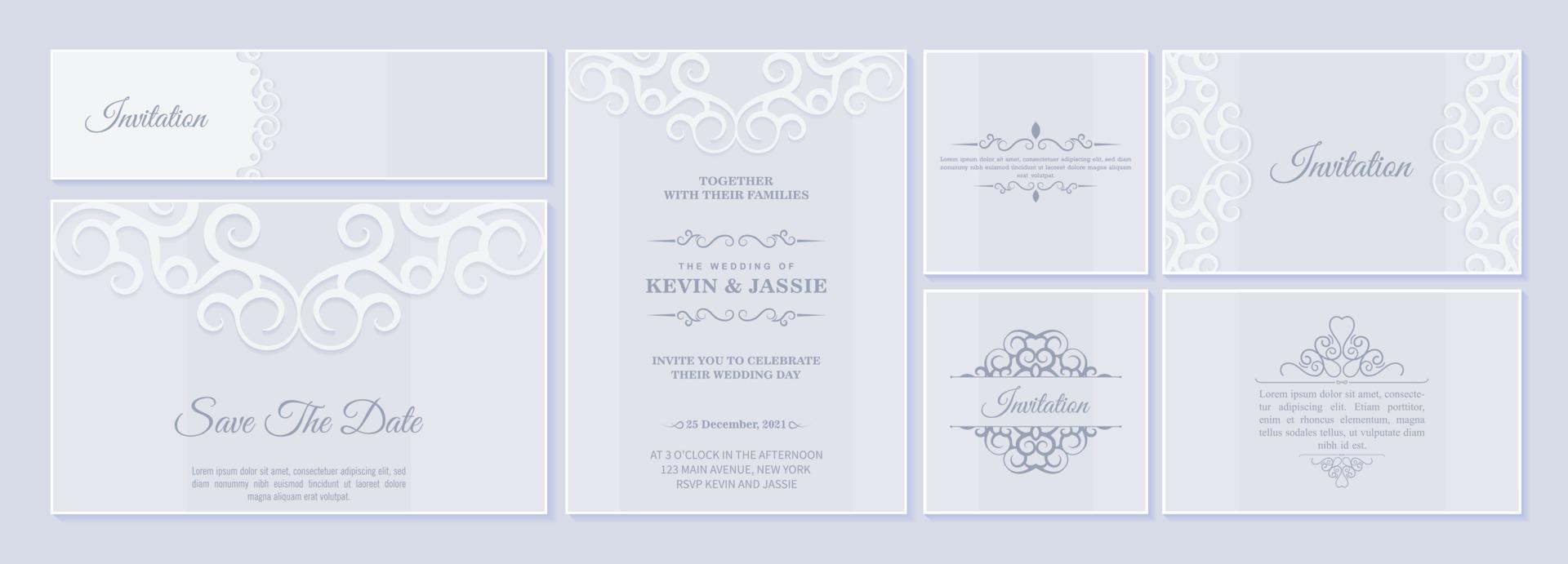 conjunto de cartão de convite de casamento com ornamentos florais vetor