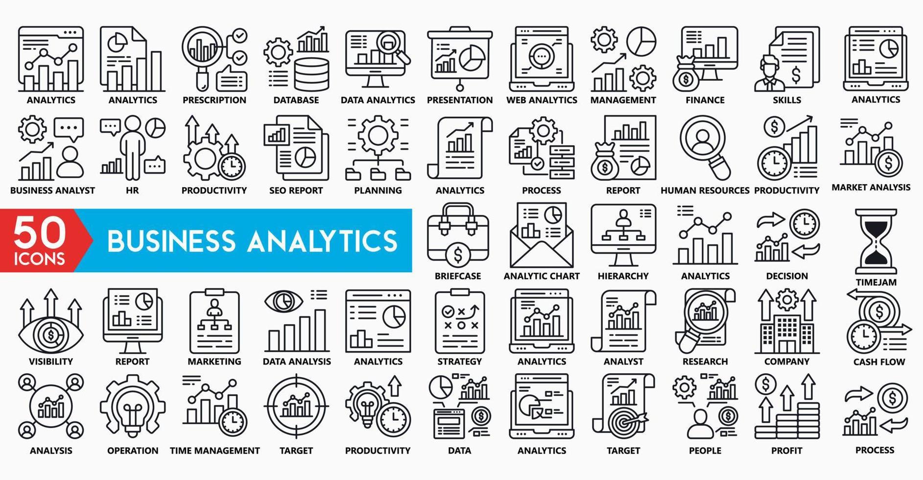 o negócio analytics ícones para gerenciamento, dados análise, produtividade, processo, planejamento vetor