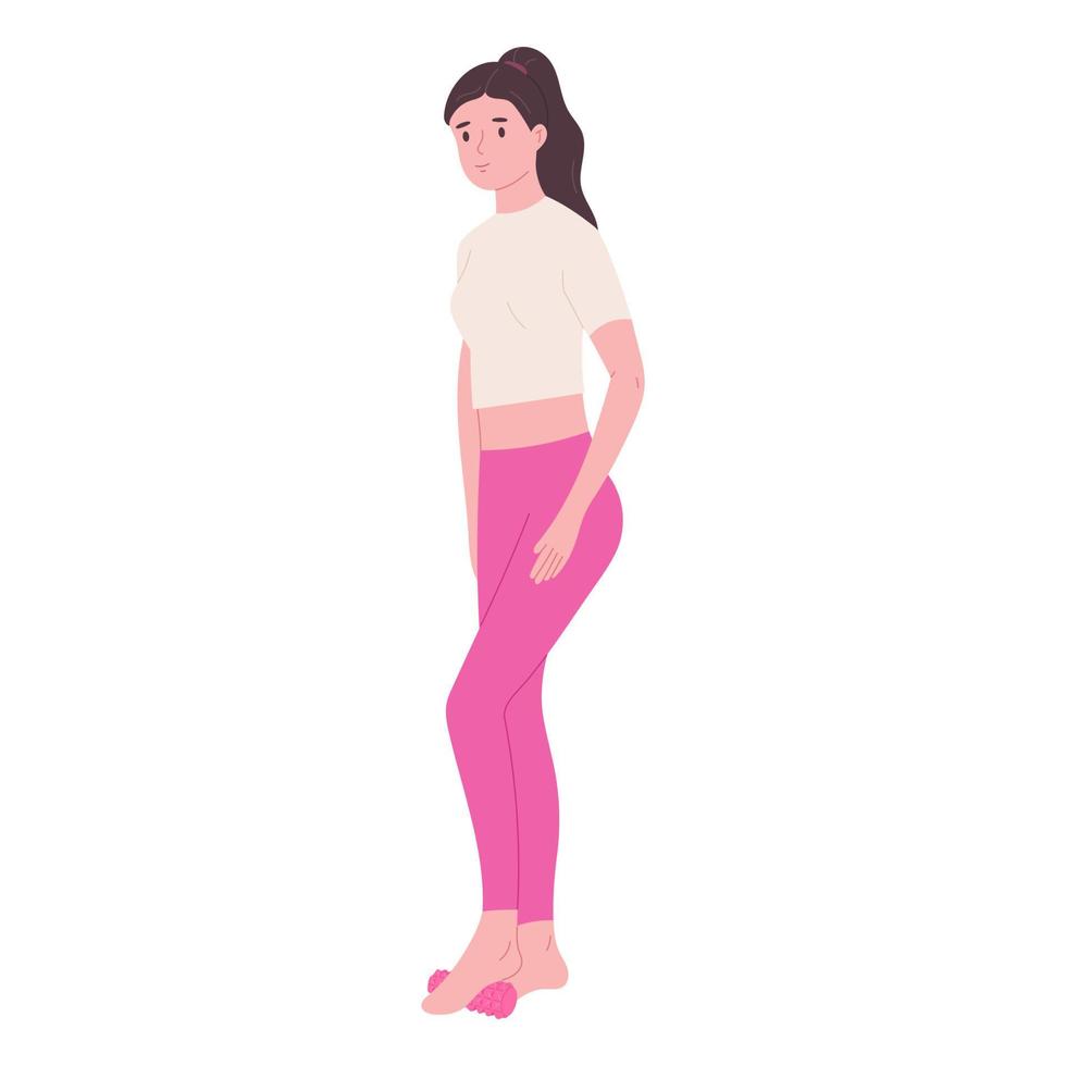 mulher exercício com pé rolo, auto massagem conceito - plano vetor ilustração isolado em branco fundo. inteligente ginástica dar certo. ioga e pilates equipamento. fisioterapia e reabilitação.