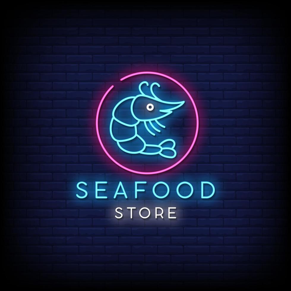 vetor de texto de estilo de sinais de néon loja de frutos do mar
