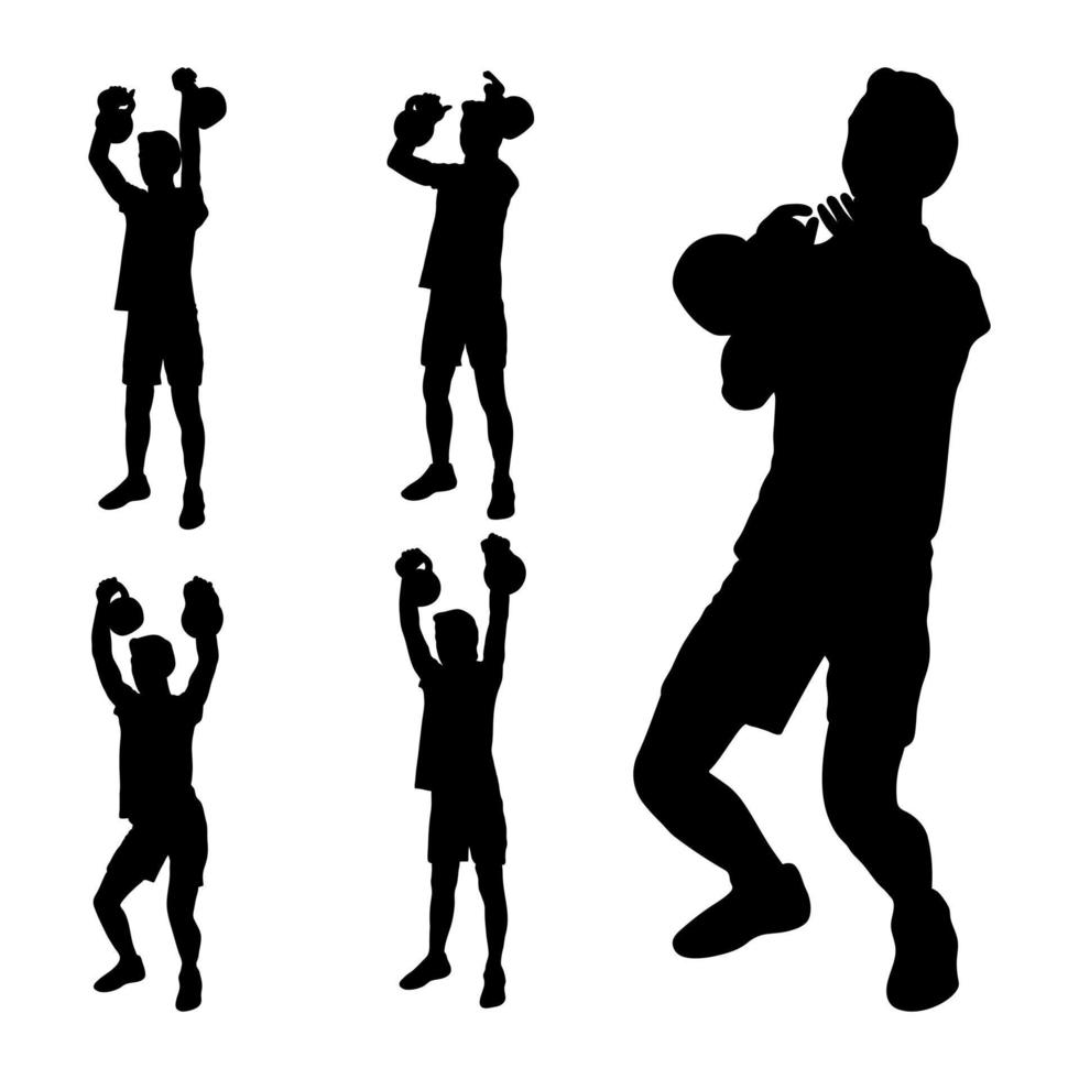 definir silhuetas atletas levantador de peso elevador kettlebell, pesos. levantamento de peso. figuras vetoriais de homens de esportes vetor