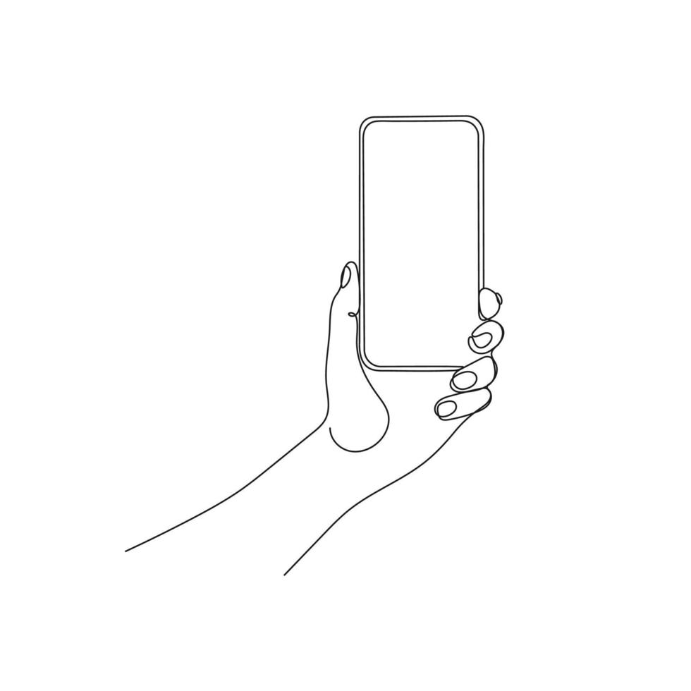 mão segurando telefone, Smartphone. 1 linha arte. pessoa segurando dispositivo. mão desenhado vetor ilustração.