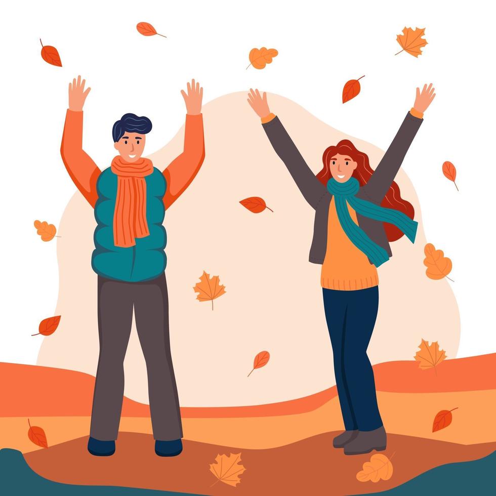 um casal de amantes caminhando e jogando folhas caídas no parque. o conceito de namoro outono vetor
