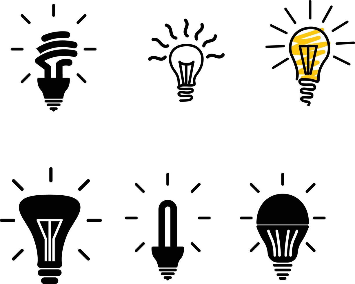 diferente tipos do luz lâmpadas rabisco estilo vetor ilustrações ícones, liderado, fluorescente, incandescente