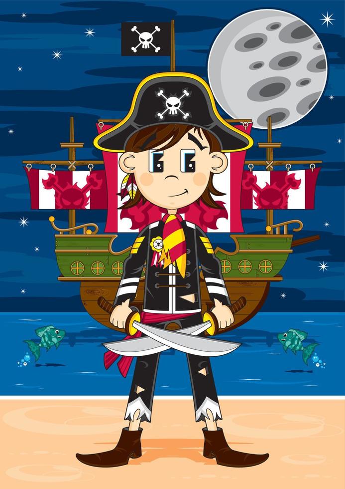 fofa desenho animado fanfarrão pirata capitão com espadas e navio em a de praia de luar vetor