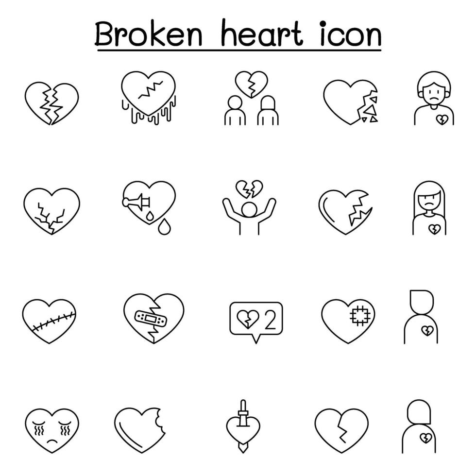 coração partido, ícone de coração partido definido em estilo de linha fina vetor