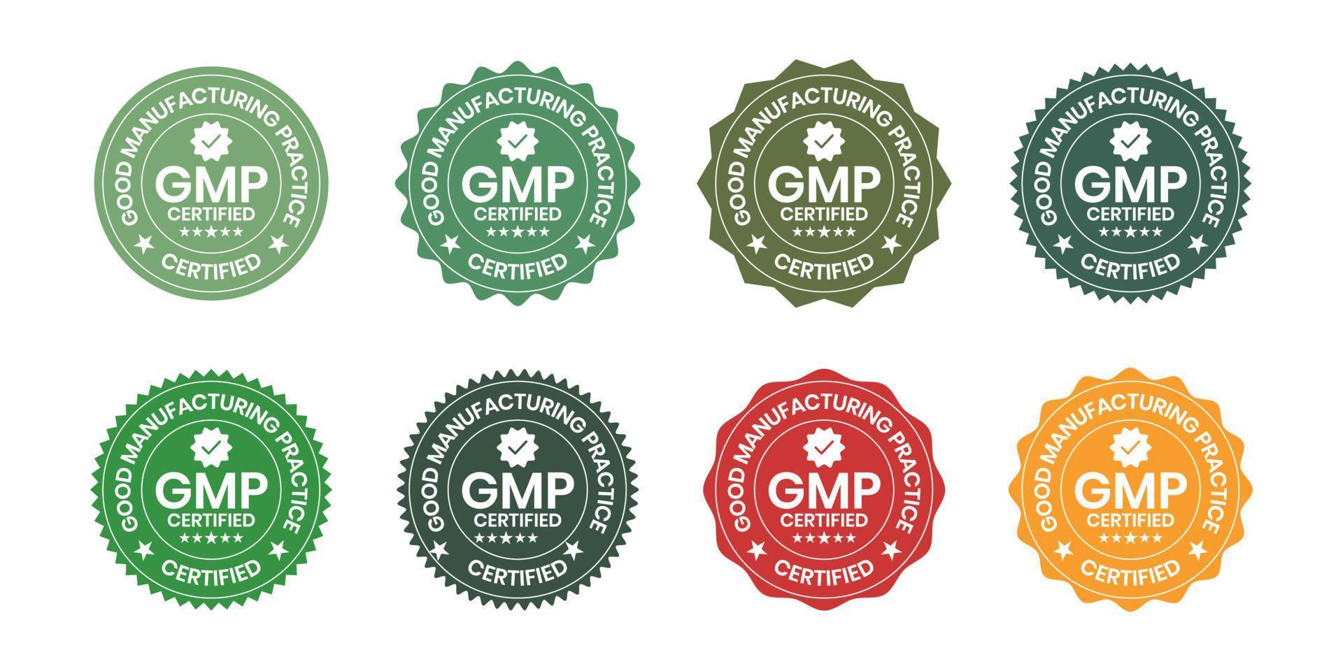 gmp certificado ou Boa fabricação prática certificado conjunto distintivo, carimbo, ícone, selo, rótulo, marcação, emblema para cbd rótulo óleo e embalagem Projeto vetor ilustração