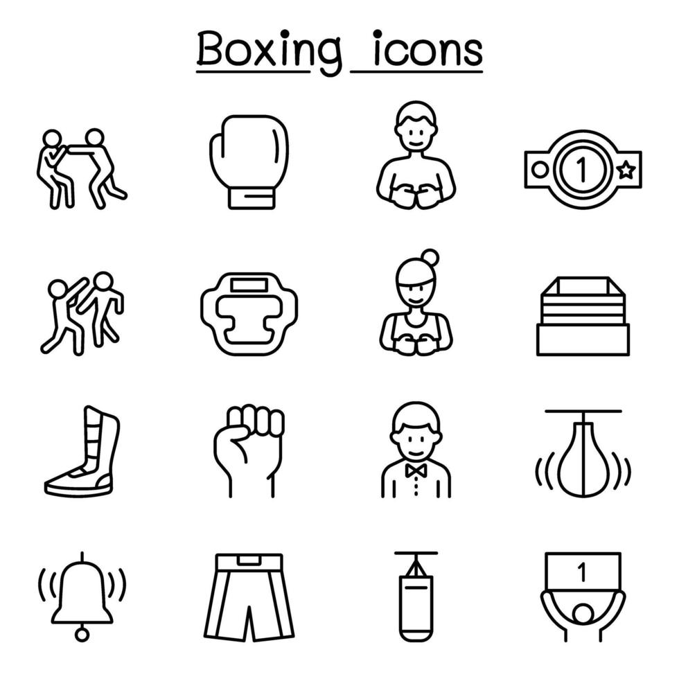 ícone do esporte de boxe definido em estilo de linha fina vetor