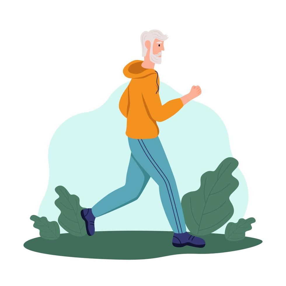 um homem idoso corre no parque. o conceito de velhice ativa, esportes e corrida. dia do idoso. ilustração em vetor plana dos desenhos animados.