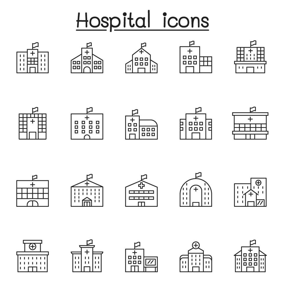 ícone de hospital definido em estilo de linha fina vetor