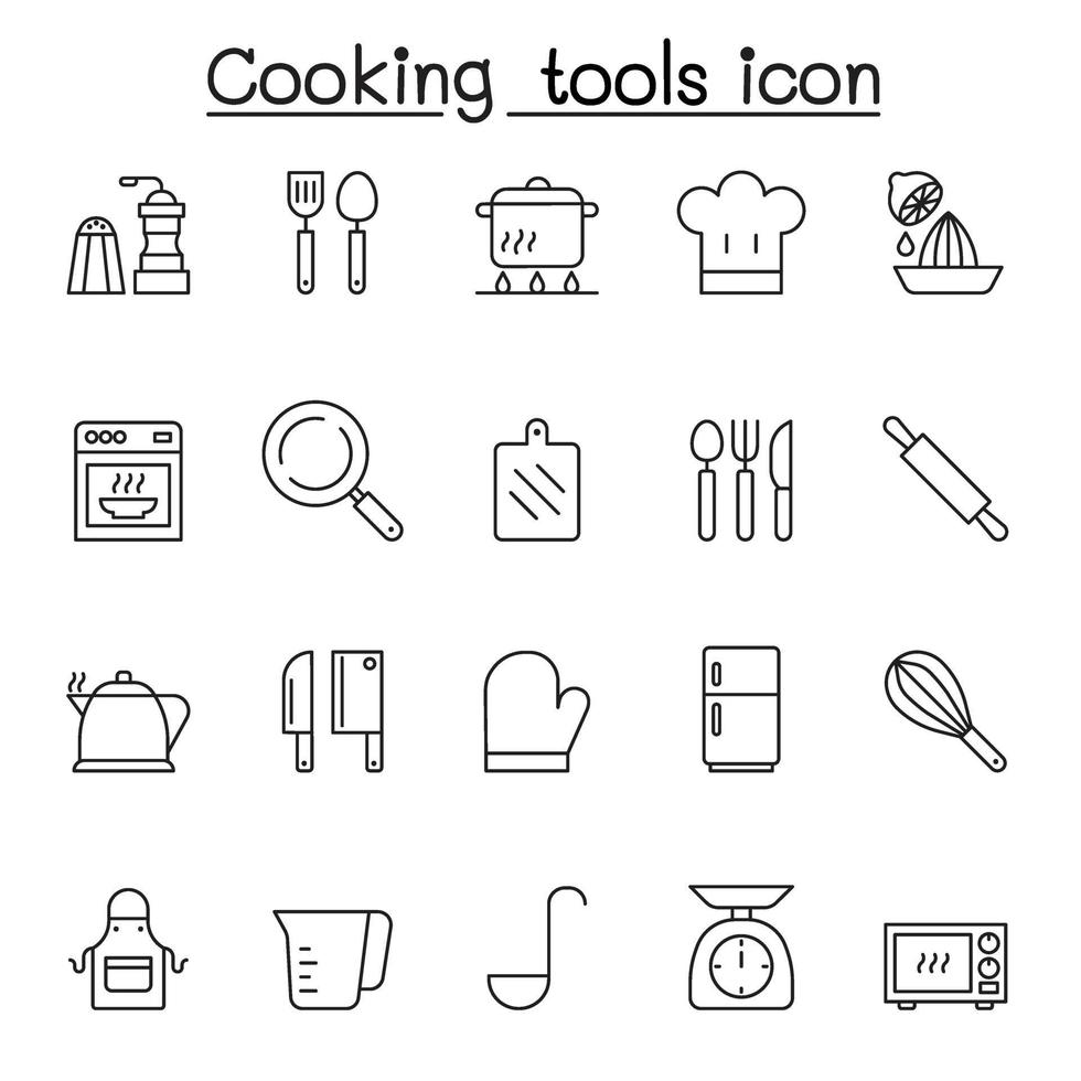 Conjunto de ícones de utensílios de cozinha em estilo de linha fina vetor