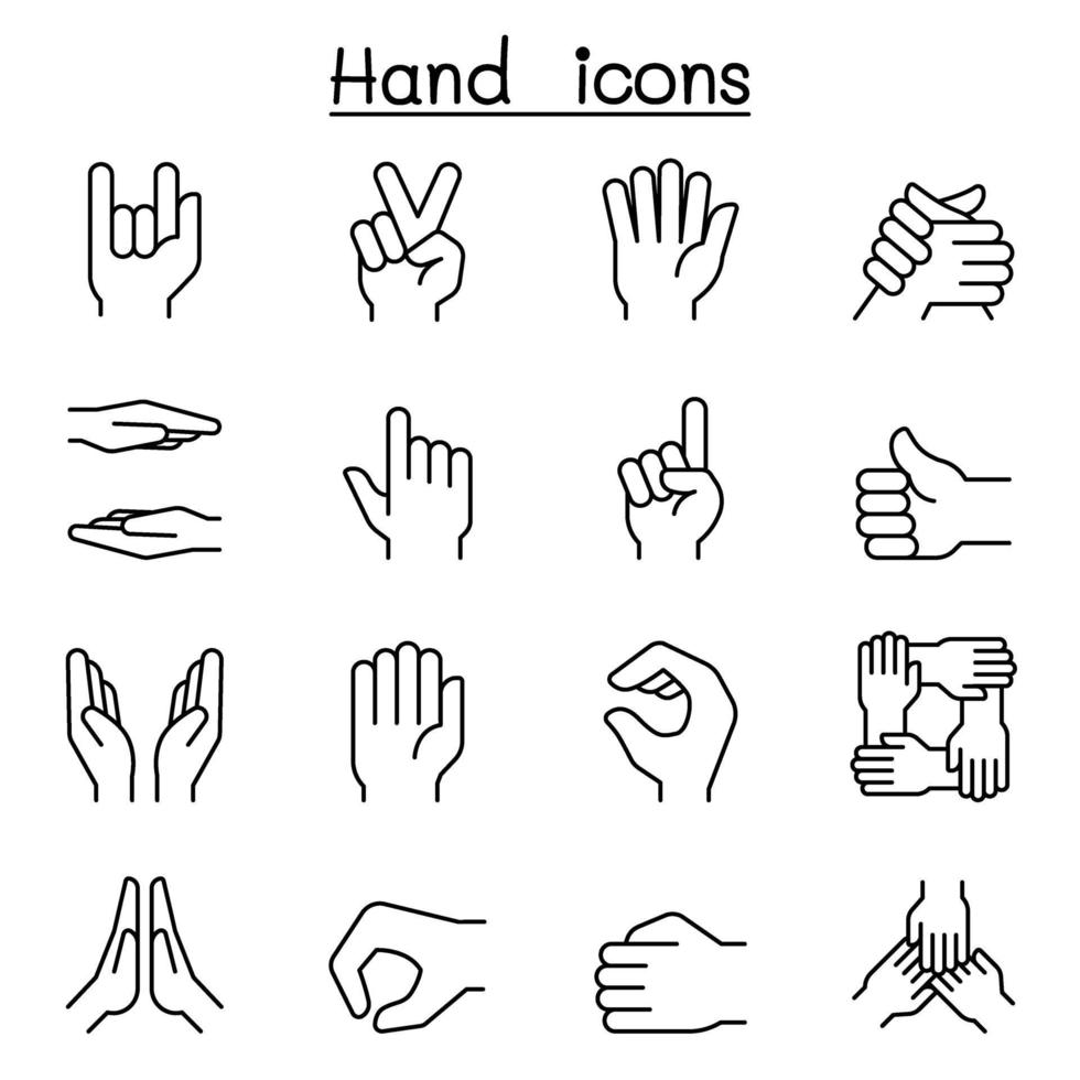ícone de mão definido em estilo de linha fina vetor