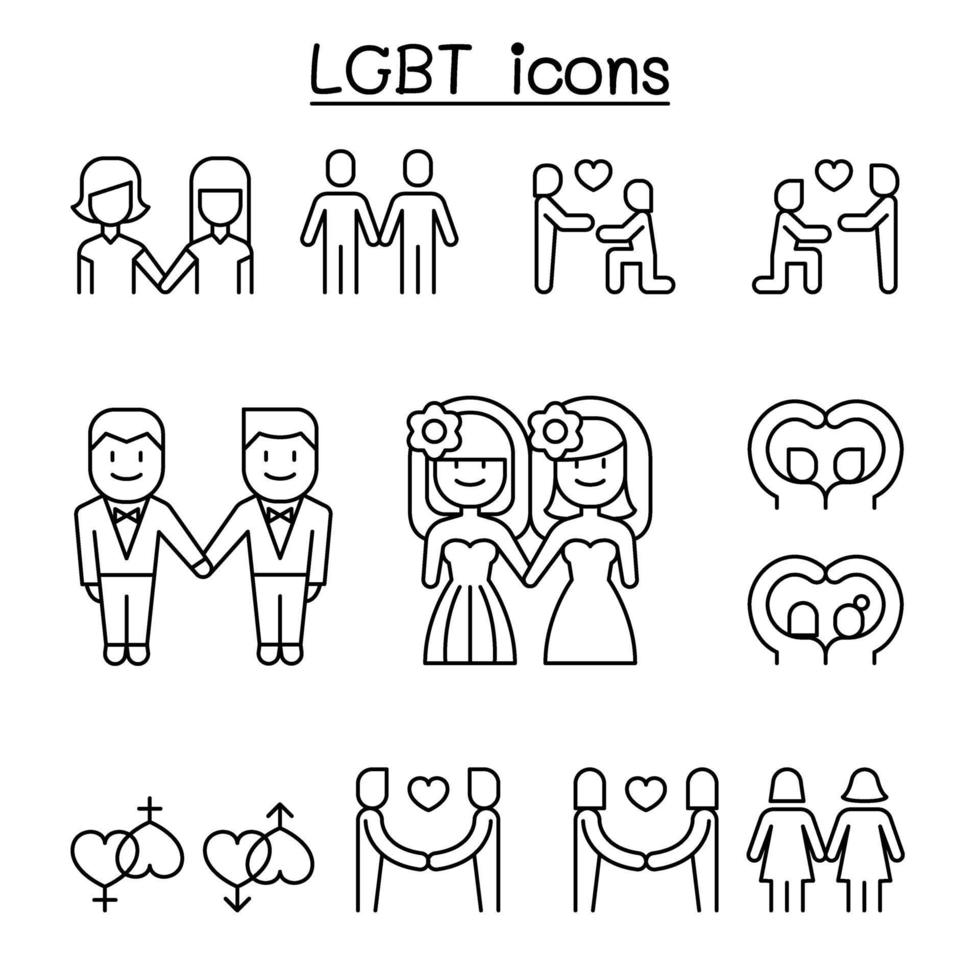 lgbt, homossexual, gay, ícone lésbico definido em estilo de linha fina vetor