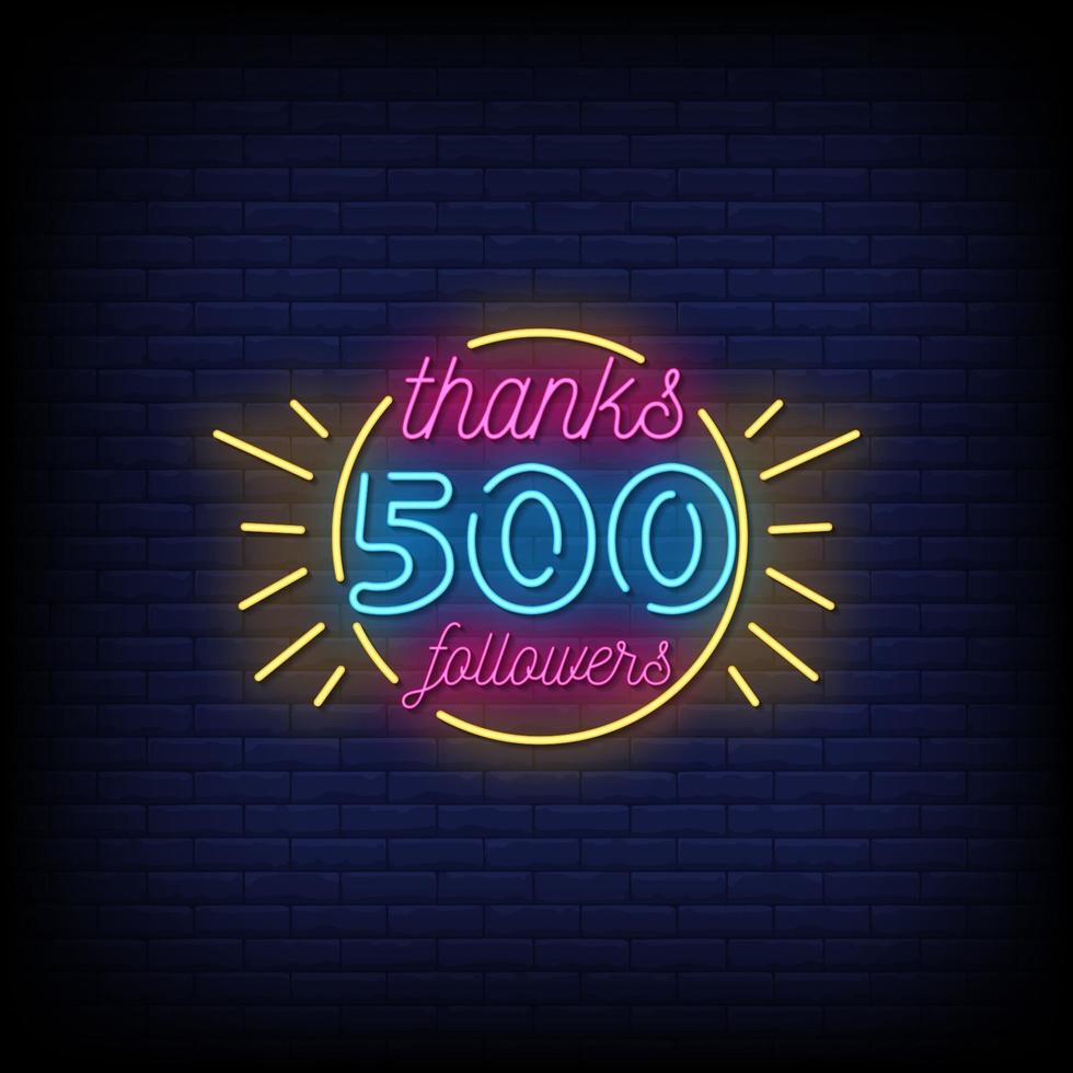 obrigado 500 seguidores vetor de texto de estilo de sinais de néon