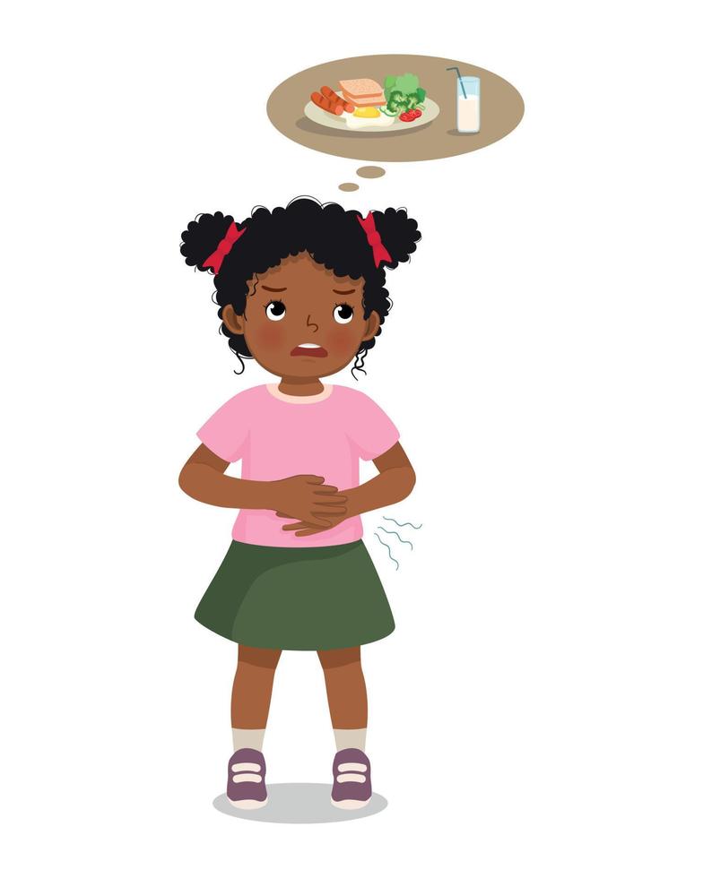 fofa pequeno africano menina sentir com fome tocante dela estômago quer para comer café da manhã vetor