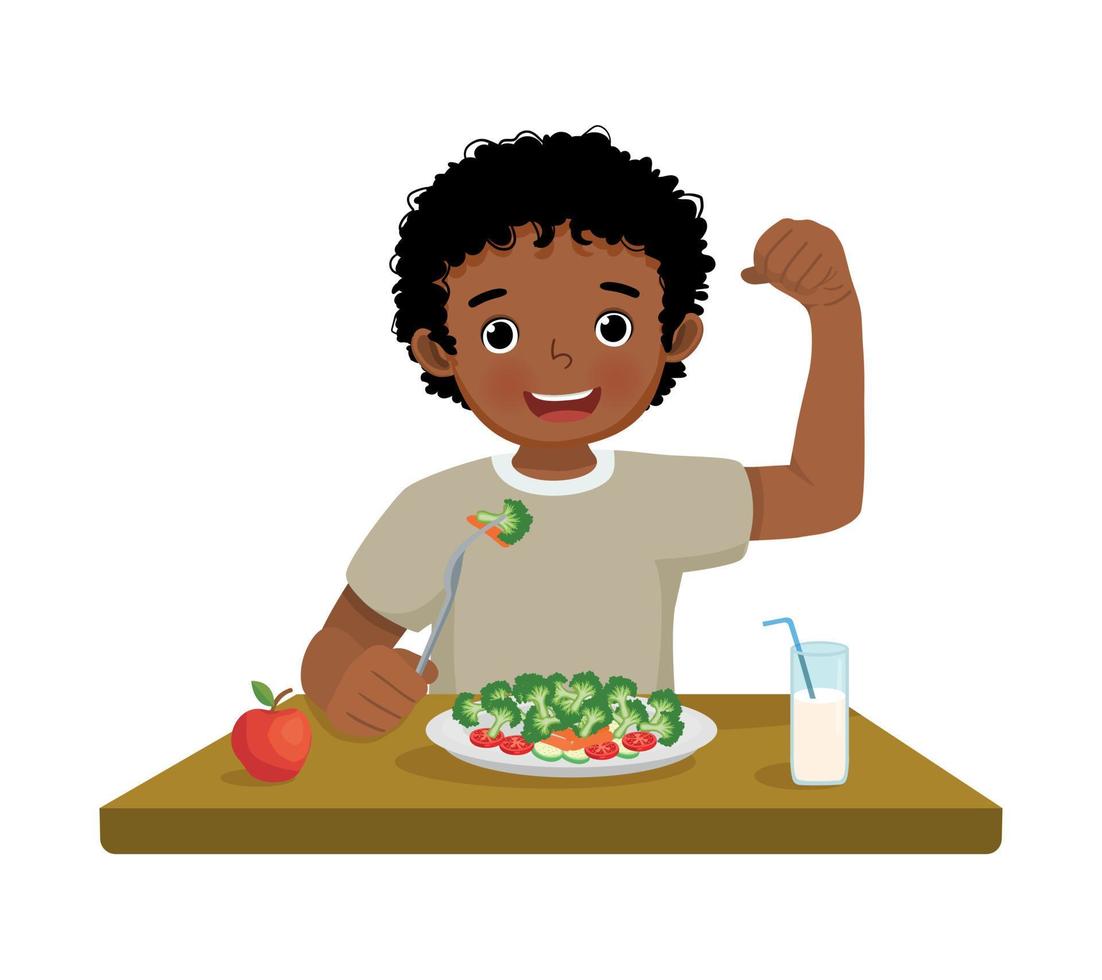 fofa pequeno africano Garoto comendo brócolis saudável legumes com garfo mostrando punho Forte músculo vetor
