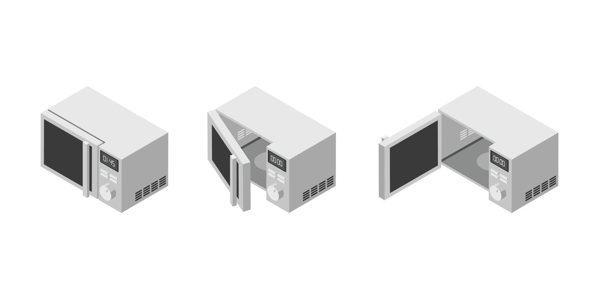 branco microondas vetor ilustração conjunto dentro insométrico estilo. microondas forno com aberto e fechadas porta. moderno família utensílio para cozinhar, descongelar e calor Comida. frente Visão isolado fundo.