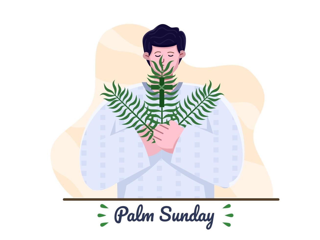 feliz palm domingo com povo pastor cristão trazendo folhas de cruz e palmeira. feriado cristão de domingo de palma. adequado para cartão de felicitações, convite, banner, panfleto, cartaz. vetor