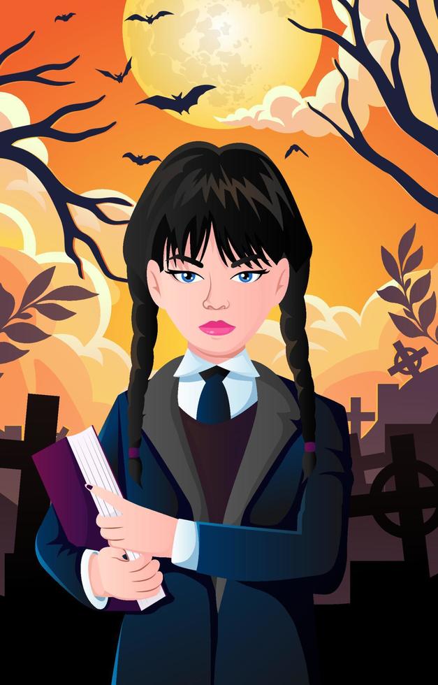 uma menina segurando livro às a cemitério conceito vetor