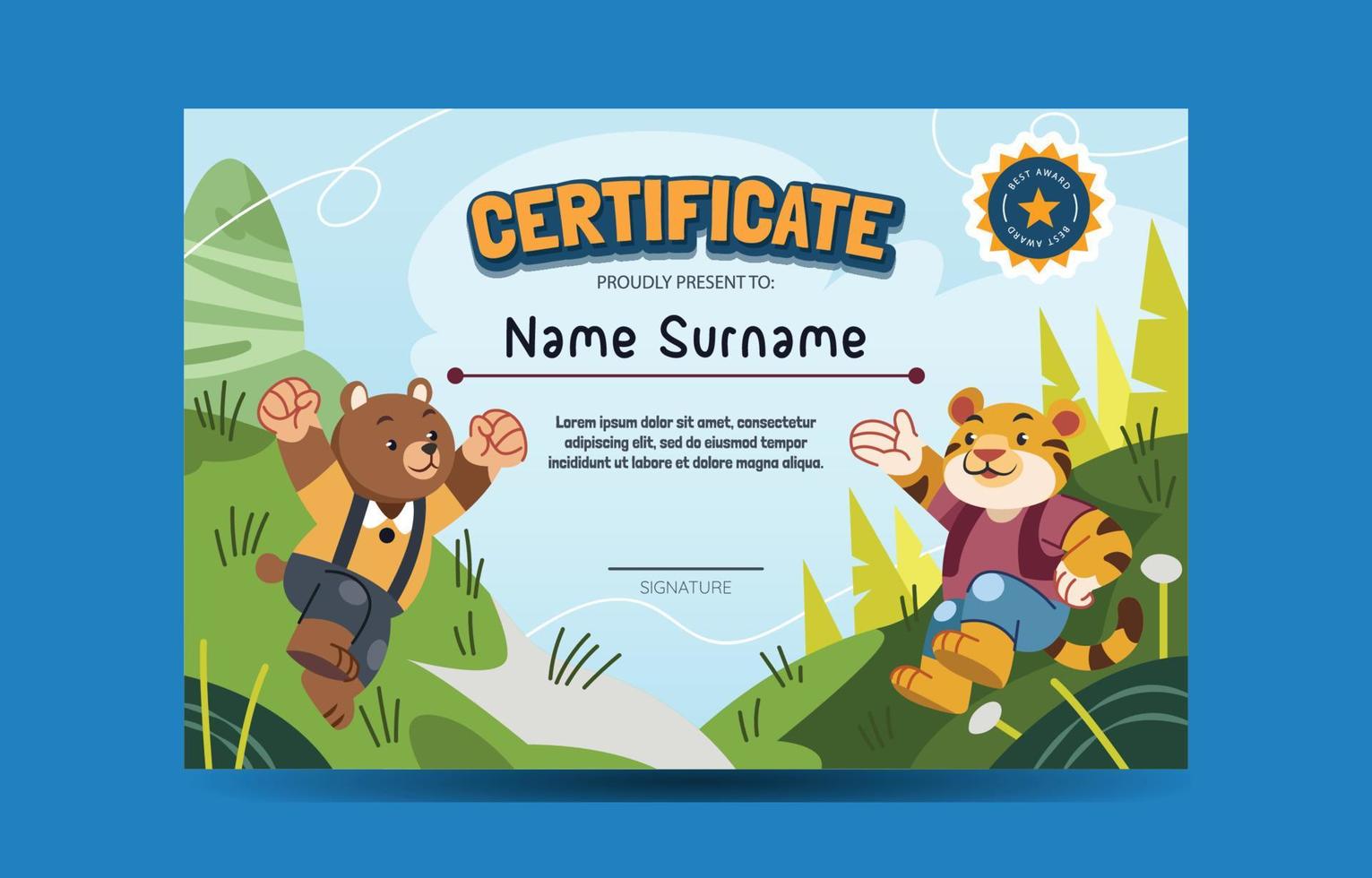 certificado para crianças com Urso e tigre tema vetor
