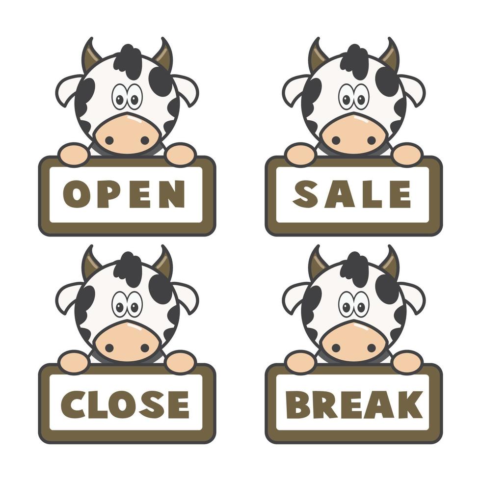 sinais de placa aberta e fechada, vaca leiteira. ilustração dos ícones do vetor. vetor