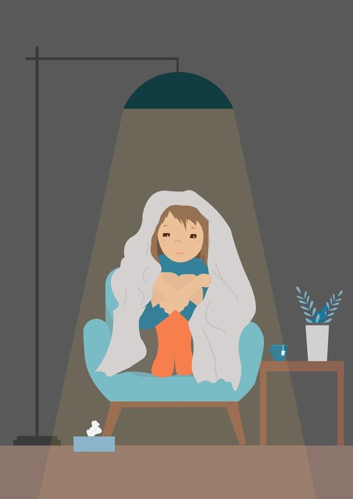 uma garota está sentada na poltrona sob o cobertor com uma xícara de chá e uma caixa de lenços de papel. ilustração em vetor conceito em um estilo simples.