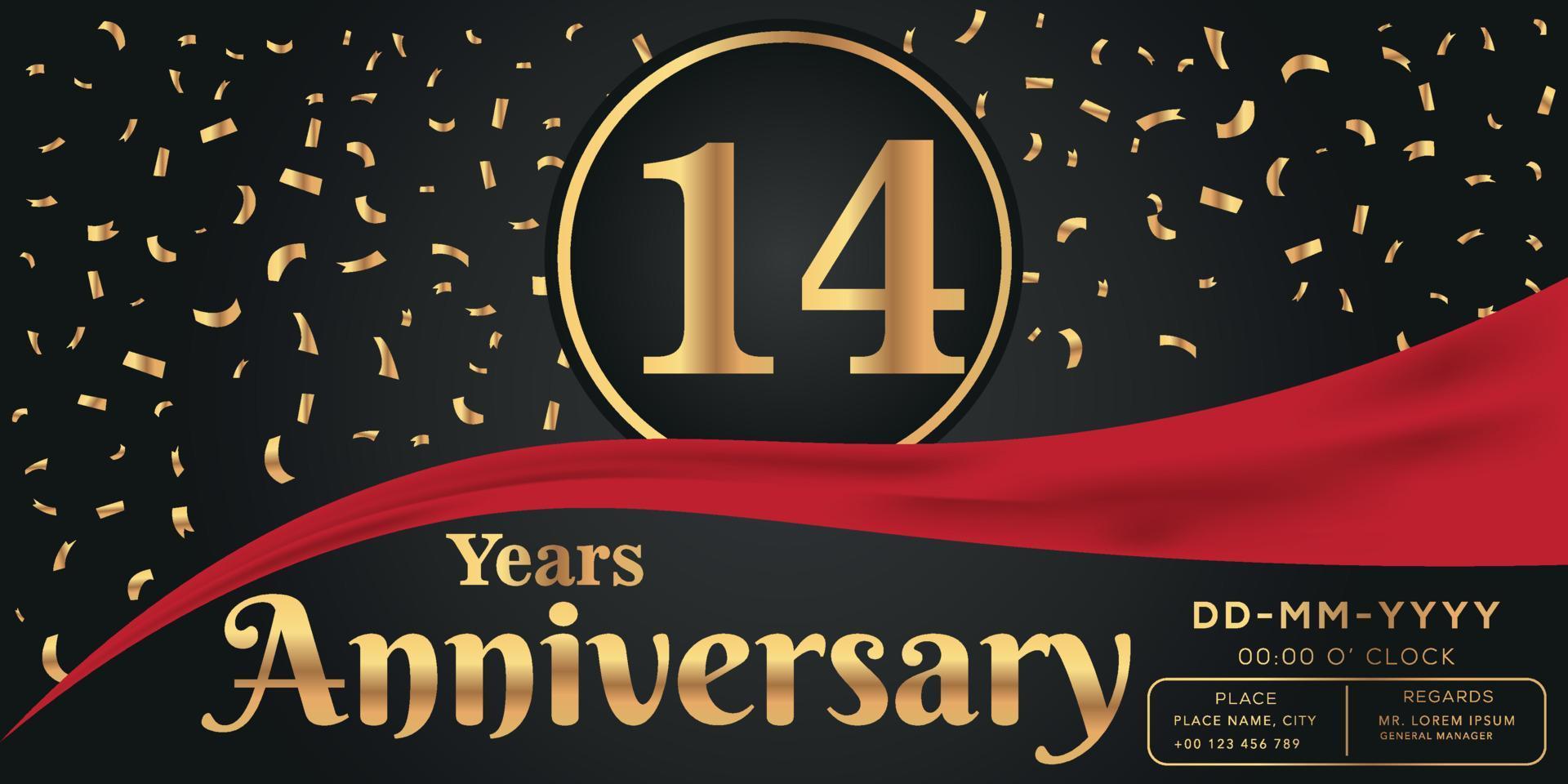 14º anos aniversário celebração logotipo em Sombrio fundo com dourado números e dourado abstrato confete vetor Projeto