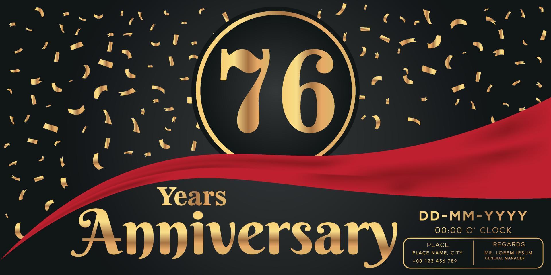 76º anos aniversário celebração logotipo em Sombrio fundo com dourado números e dourado abstrato confete vetor Projeto
