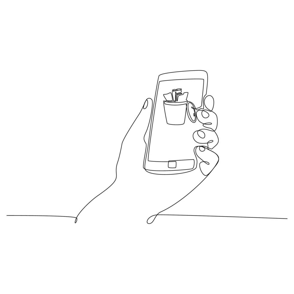 desenho de linha contínua mão segurando smartphone com lata de lixo digital para arquivos e dados. ilustração vetorial vetor