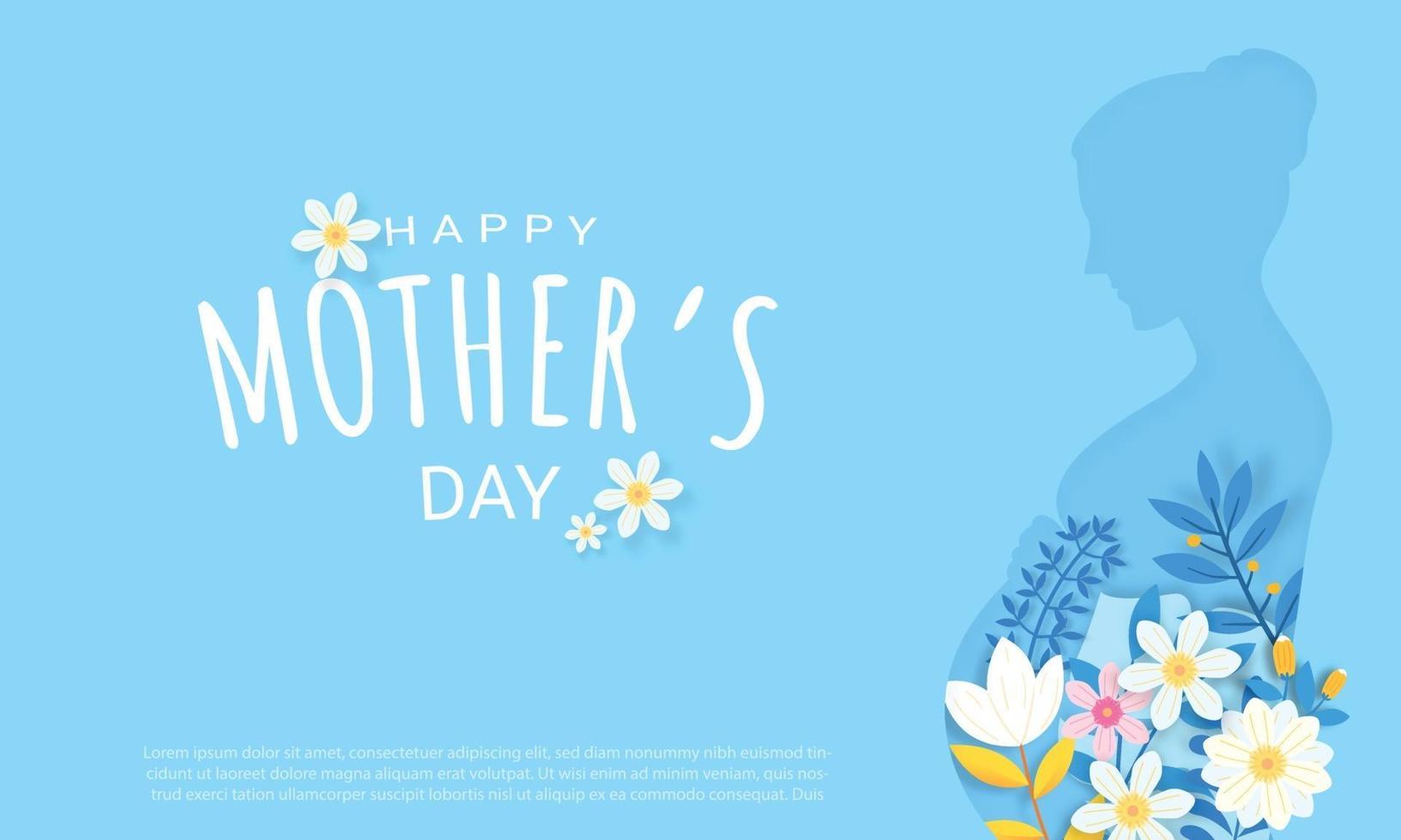 feliz dia das mães design de cartão com flor e letra de tipografia em fundo azul vetor