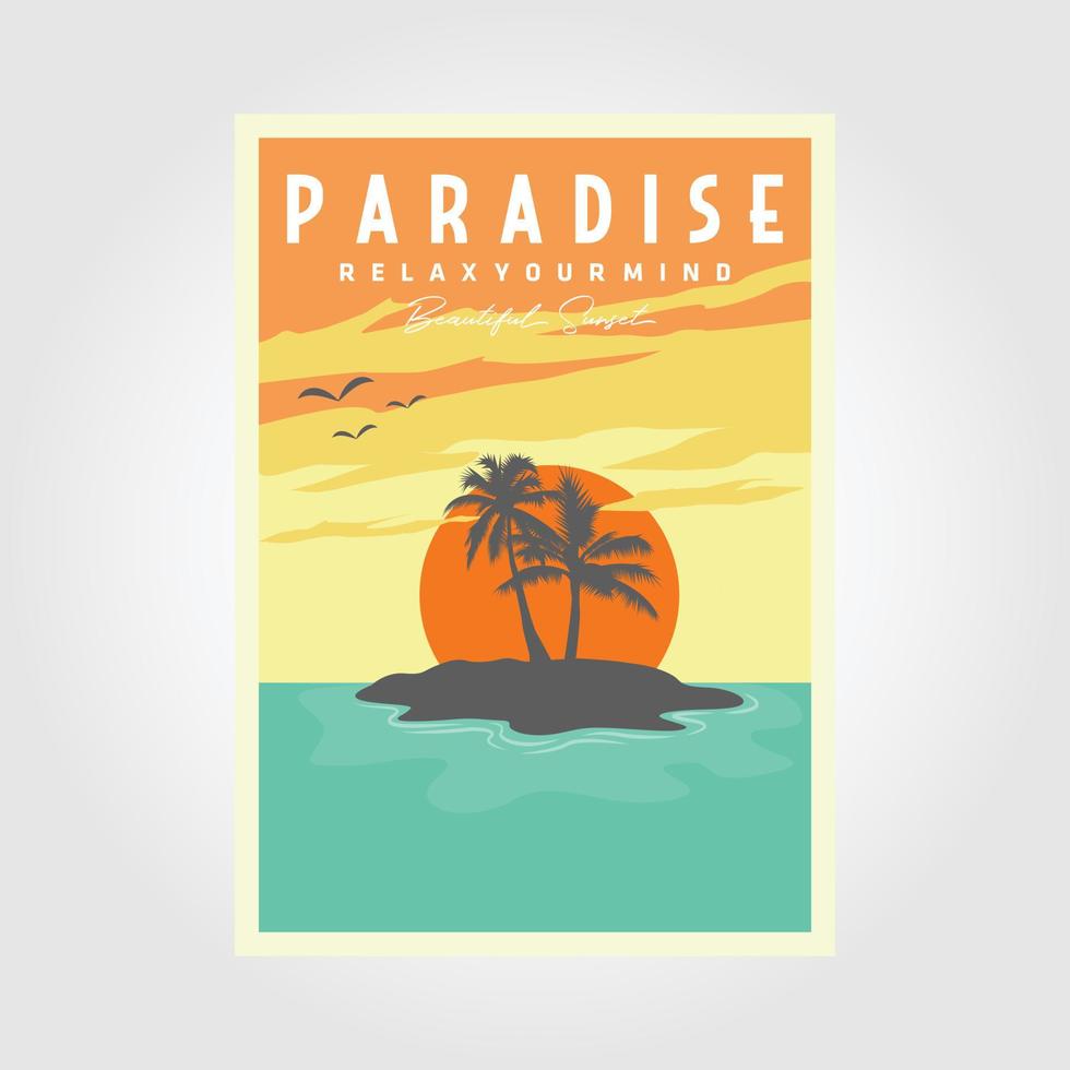 paraíso pôr do sol de praia poster, Palma árvore e água onda vetor Projeto ilustração