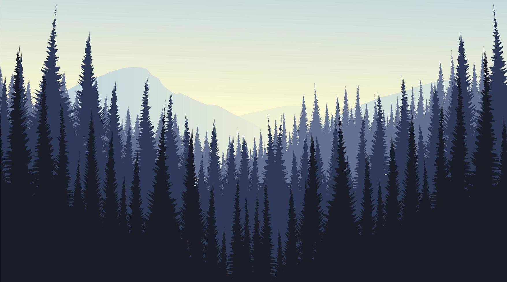 paisagem de montanha de vetor com floresta de pinheiros, neblina e conceito de design de névoa.